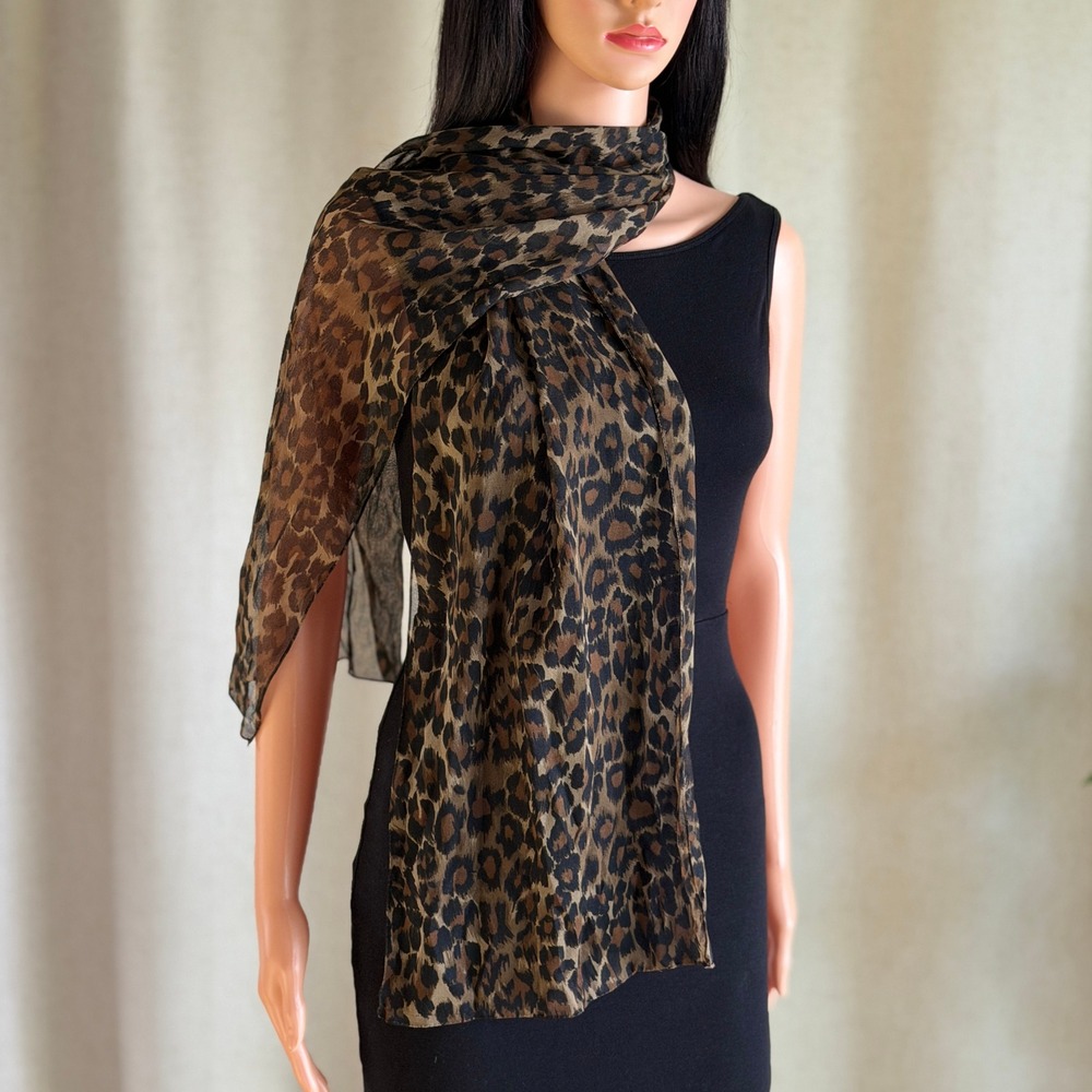 Vtg Y2K Leopard Print Sheer Scarf Brown Tan Animal Print Rectangular Italy Chic